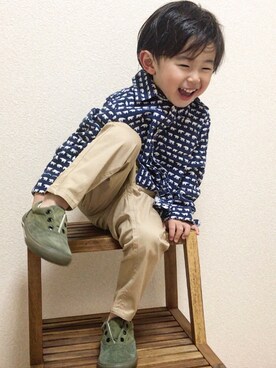 「アイテム（シャツ/ブラウス、ブルー系）」を使った、suke_kitoさん（キッズ・90cm）の春コーディネート