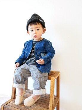 「ノースフェイス」｜「アイテム（ノーカラージャケット）」を使った、suke_kitoさん（キッズ・80cm）の冬コーディネート