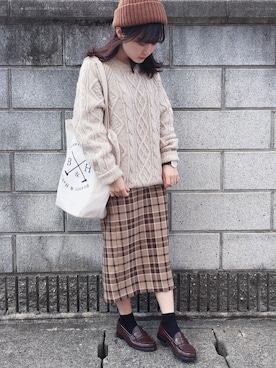 「GLOBAL WORK（グローバルワーク）のラムナイロンケーブルニット/802047（ニット/セーター）」を使った、りかさん（レディース・146cm）の冬コーディネート