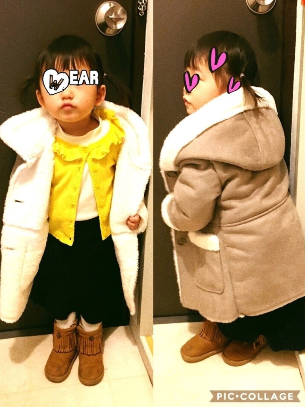 「口が、にゃんこスター、2歳、女の子、真冬コーデ、ムートンコート、ボア付き、おおきめ、ZOZOTOWN掲載」｜「GLOBAL WORKの【キッズ】ウラボアムートンコート/769733（ムートンコート、グレー系）」を使った、ちんちゃんねる。さん（キッズ・90cm）の冬コーディネートの1枚目の写真