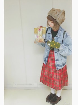「赤チェック」｜「アイテム（デニムジャケット）」を使った、けろぴさん（レディース・153cm）の冬コーディネート