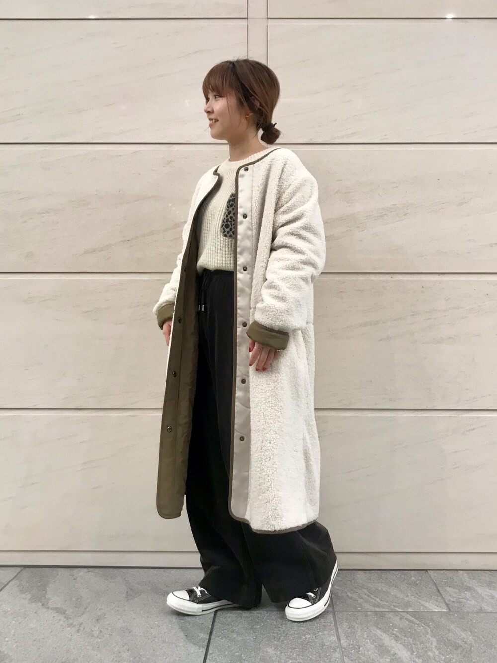 「私の推しブランド、レオパード、コーデュロイパンツ、ボアコート、キルティング、148cm、150cm未満コーデ、Sonny　Label、サニーレーベル」｜「URBAN RESEARCH Sonny Labelのリバーシブルボアコート（その他アウター、ホワイト系）」を使った、アコさん（レディース・148cm）の冬コーディネートの1枚目の写真