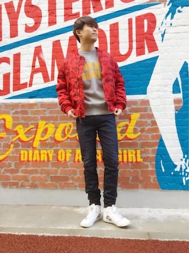「HYSTERIC GLAMOUR（ヒステリックグラマー）のアイテム（MA-1）」を使った、endyさん（メンズ・177cm）の冬コーディネート