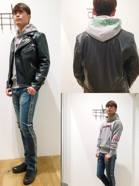 「hystericglamour」｜「アイテム（ライダースジャケット）」を使った、endyさん（メンズ・177cm）の冬コーディネート