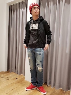 「ニットキャップ」｜「アイテム（ナイロンジャケット）」を使った、endyさん（メンズ・177cm）の秋コーディネート