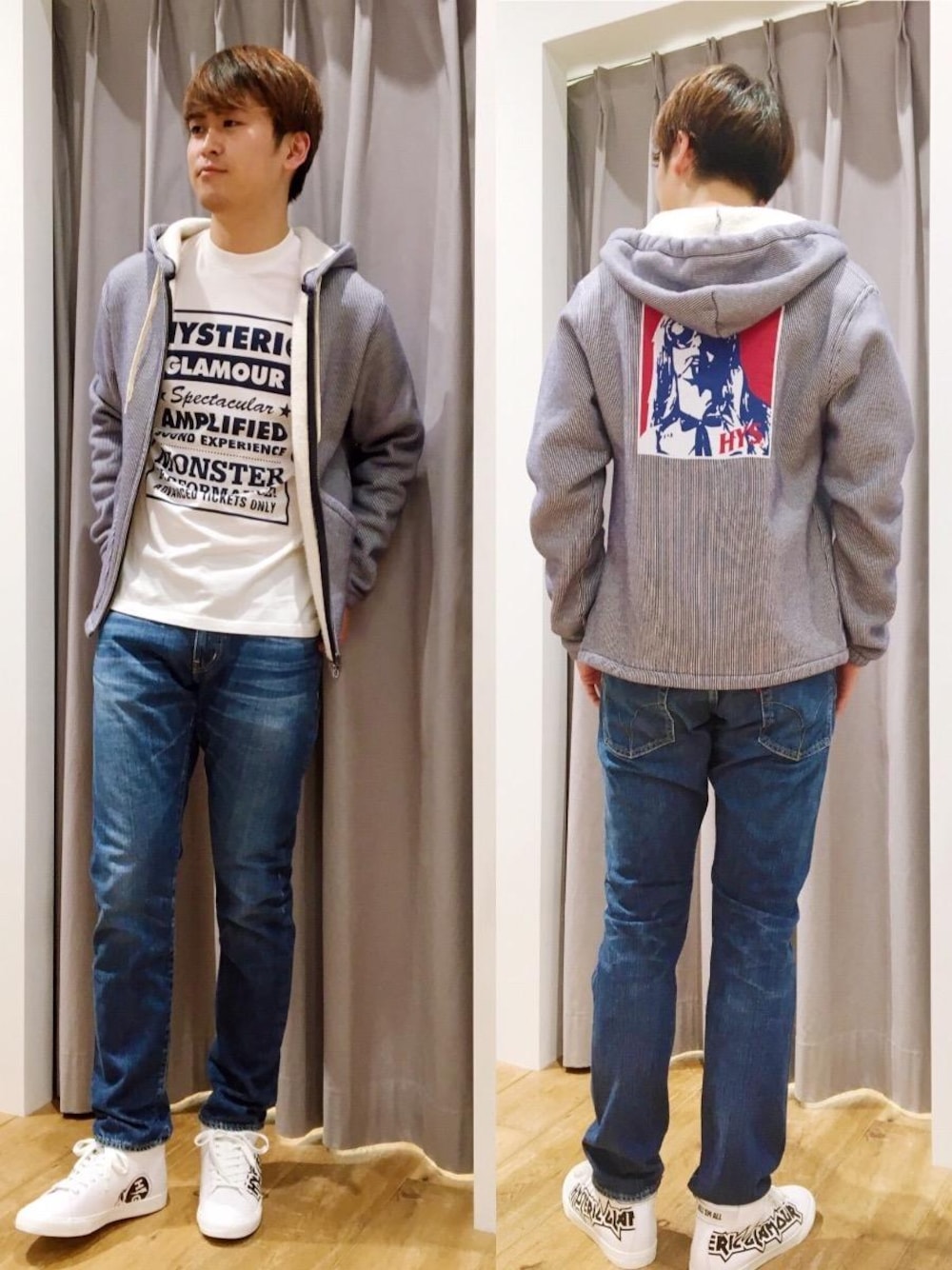 「デニム、カジュアル、ジーンズ、パーカー、大人カジュアル、Hysteric Glamour、ヒッコリー、裏ボア」｜「HYSTERIC GLAMOURのMETAL pt ハイカットスニーカー（スニーカー、ホワイト系）」を使った、endyさん（メンズ・177cm）の秋コーディネートの1枚目の写真