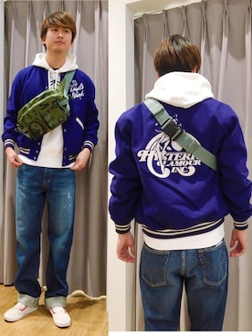 「コラボ」｜「アイテム（スタジャン）」を使った、endyさん（メンズ・177cm）の秋コーディネート