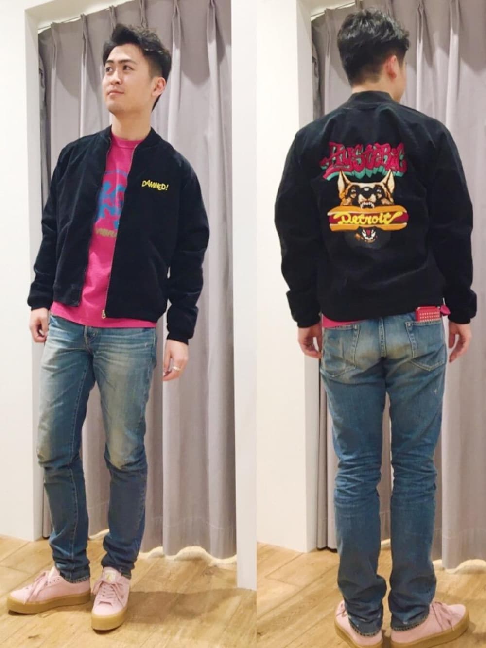 「デニム、カジュアル、ロック、刺繍、大人カジュアル、Hysteric Glamour、グラフィック、ハイテク、スーベニアジャケット」｜「HYSTERIC GLAMOURのPLATFORM スニーカー（スニーカー、ピンク系）」を使った、endyさん（メンズ・177cm）の冬コーディネートの1枚目の写真