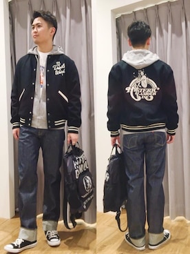 「メルトン」｜「アイテム（スタジャン）」を使った、endyさん（メンズ・177cm）の冬コーディネート