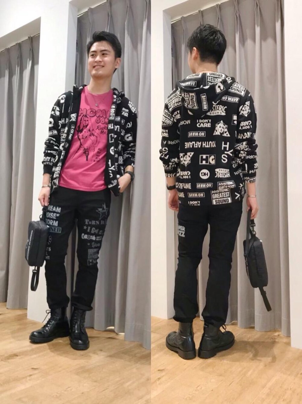 「カジュアル、ロック、刺繍、Hysteric Glamour、グラフィック、ジップパーカー、総柄パーカー、ヒステリックグラマー、秋コーデ」｜「HYSTERIC GLAMOURのLOGO PATCH ストレッチチノスリムパンツ【8T3】（チノパンツ、ブラック系）」を使った、endyさん（メンズ・177cm）の秋コーディネートの1枚目の写真