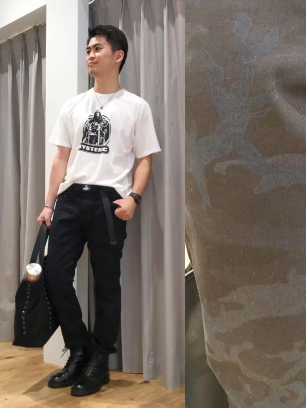 「カジュアル、シンプル、ロック、Tシャツ、Hysteric Glamour、カモフラージュ柄、タックイン、総柄パンツ、ヒステリックグラマー、秋コーデ」｜「HYSTERIC GLAMOURのSTUDS CANVAS トート（トートバッグ、ブラック系）」を使った、endyさん（メンズ・177cm）の秋コーディネートの1枚目の写真