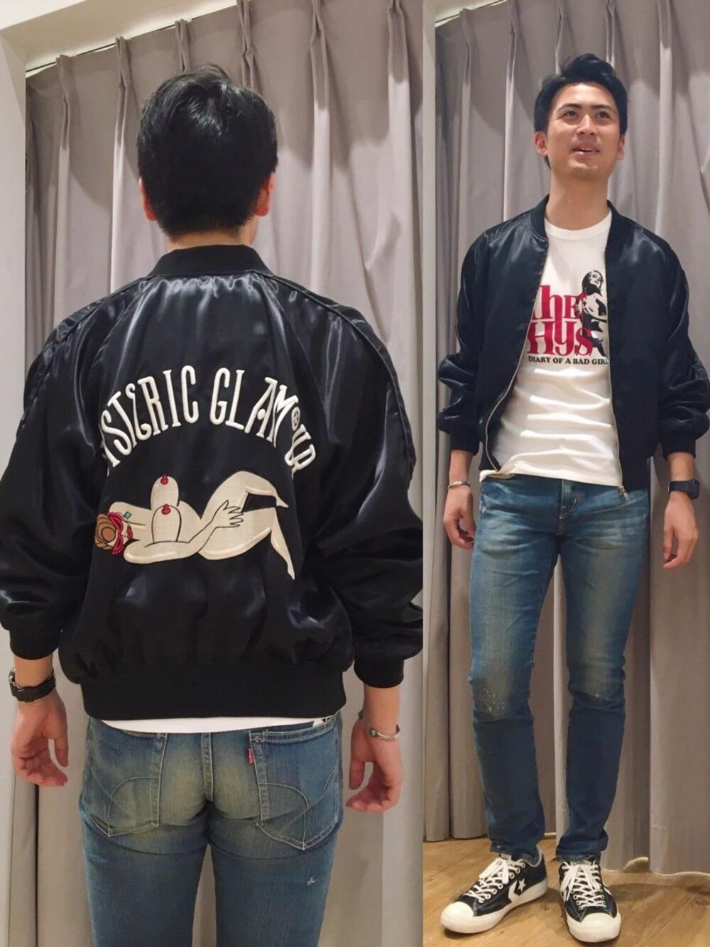 「スニーカー、デニム、スカジャン、カジュアル、Tシャツ、刺繍、Hysteric Glamour、ヒステリックグラマー、秋コーデ」｜「HYSTERIC GLAMOURのSP加工ストレッチデニム スリムパンツ（デニムパンツ、ブルー系）」を使った、endyさん（メンズ・177cm）の秋コーディネートの1枚目の写真