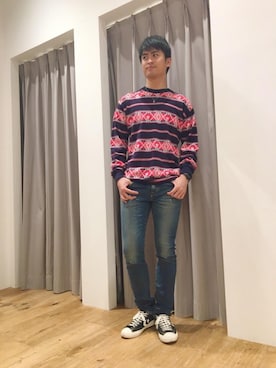 「HYSTERIC GLAMOUR（ヒステリックグラマー）のGIRLS BORDER総柄ジャカード リブ付Tシャツ（Tシャツ/カットソー）」を使った、endyさん（メンズ・177cm）の秋コーディネート