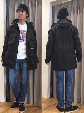 「コラボレーション」｜「アイテム（ハンチング/ベレー帽）」を使った、endyさん（メンズ・177cm）の秋コーディネート