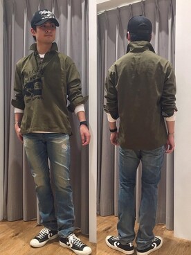 「HYSTERIC GLAMOUR（ヒステリックグラマー）のGIRLS BORDER総柄ジャカード リブ付Tシャツ（Tシャツ/カットソー）」を使った、endyさん（メンズ・177cm）の秋コーディネート