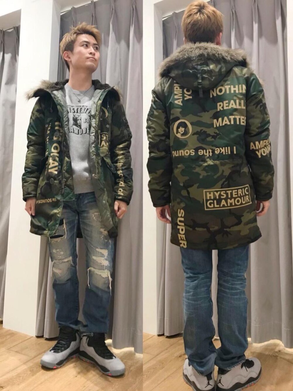 「スウェット、コート、デニム、ミリタリー、冬コーデ、N-3B、Hysteric Glamour、カモ柄、カジュアルコーデ、冬アウター」｜「HYSTERIC GLAMOURのRSM加工 デニムスリムストレートパンツ（デニムパンツ、ブルー系）」を使った、endyさん（メンズ・177cm）の秋コーディネートの1枚目の写真