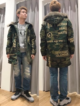 「カモ柄」｜「アイテム（スウェット）」を使った、endyさん（メンズ・177cm）の秋コーディネート