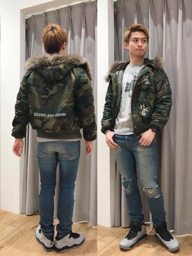 「カモ柄」｜「アイテム（ブルゾン）」を使った、endyさん（メンズ・177cm）の秋コーディネート