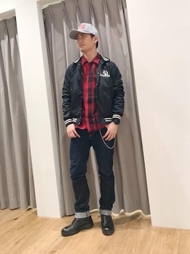 「長袖シャツ」｜「アイテム（スタジャン）」を使った、endyさん（メンズ・177cm）の冬コーディネート