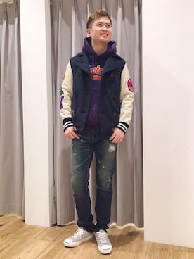 「ワッペン」｜「アイテム（その他アウター）」を使った、endyさん（メンズ・177cm）の冬コーディネート