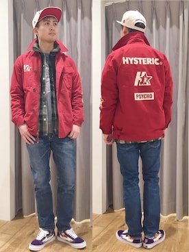 「アイテム（ミリタリージャケット、レッド系）」を使った、endyさん（メンズ・177cm）の冬コーディネート