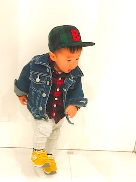 「西松屋（ニシマツヤ）のアイテム（ジャケット/アウター、ブルー系）」を使った、babykichiさん（キッズ）の秋コーディネート