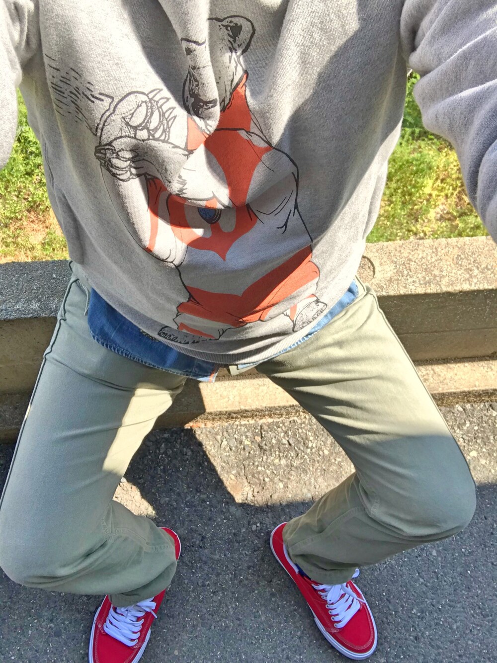 グレー系のパーカー、グリーン系のチノパンツ、レッド系のスニーカーを着用したメンズの春コーディネートの1枚目の写真