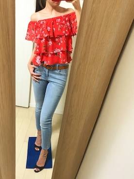 「赤トップス」｜「UNIQLO（ユニクロ）のアイテム」を使った、tsubame さん（レディース・157cm）の夏コーディネート