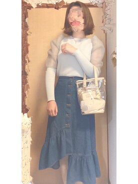 「Chico（チコ）のオーガンジースリーブニット（ニット/セーター、グリーン系）」を使った、erina さん（レディース・160cm）の春コーディネート