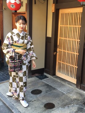 「アイテム（浴衣、グリーン系）」を使った、ゆみさん（レディース・161cm）の秋コーディネート