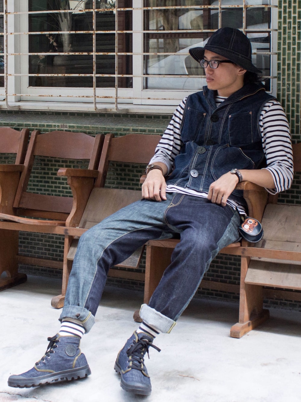 「sailor、stripes、mottainai、KAPITAL、mfsc、military、denimondenim」｜「KAPITALのアイテム（デニムパンツ、ブルー系）」を使った、金旺さん（メンズ・179cm）の冬コーディネートの1枚目の写真