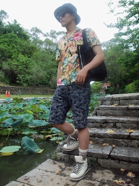 「RMCのアイテム（パンツ）」を使った、金旺さん（メンズ・179cm）の夏コーディネート
