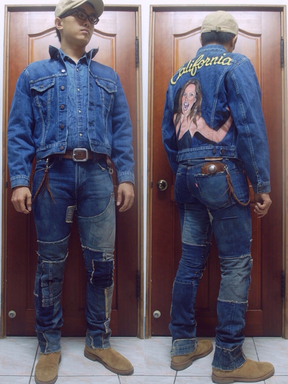 「LVC、levisvintageclothing、suede boots、painted denim、Painting、カリフォルニア、handpainted」｜「LEVI'S VINTAGE CLOTHINGのアイテム（デニムパンツ、ブルー系）」を使った、金旺さん（メンズ・179cm）の夏コーディネートの1枚目の写真