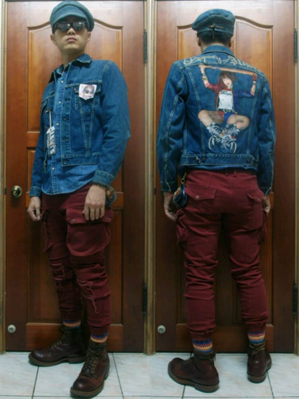 「painted denim、LVC、LEVIS VINTAGE CLOTHING、publish brand、jogger pants、whitesboots、KAPITAL、YUA」｜「KAPITALのアイテム（キャップ、ブルー系）」を使った、金旺さん（メンズ・179cm）の春コーディネートの1枚目の写真