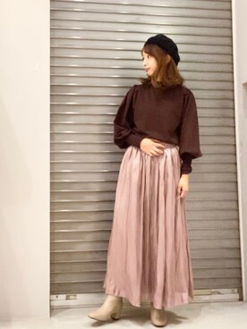 「白ブーツ」｜「アイテム（スカート、パープル系）」を使った、naruさん（レディース・154cm）の秋コーディネート