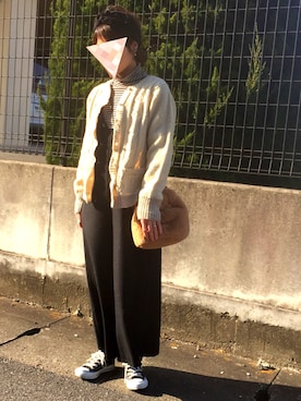 「ニットカーディガン」｜「アイテム（つなぎ/オールインワン）」を使った、のりたまママさん（レディース・153cm）の冬コーディネート