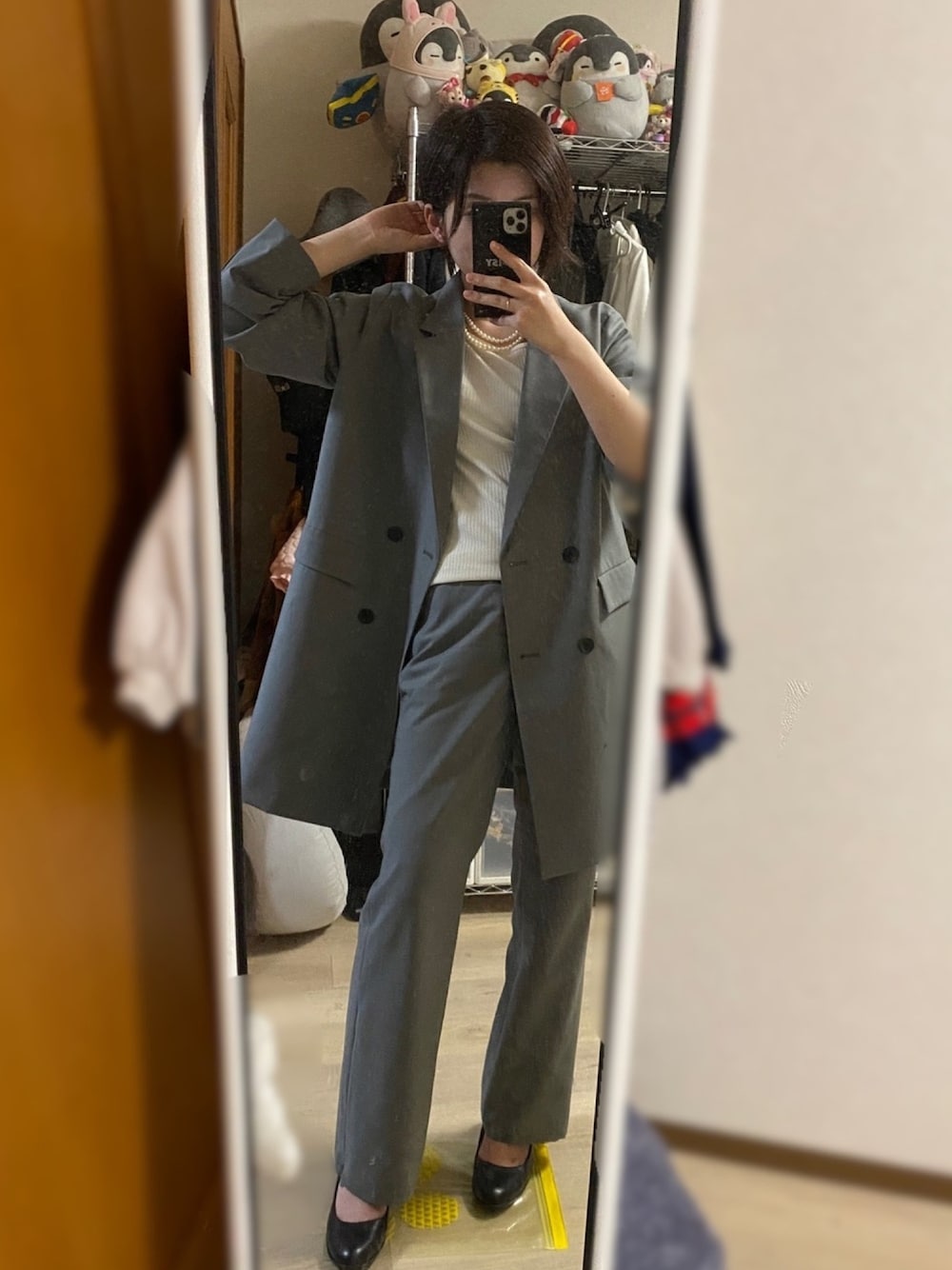 「セットアップ、HARE、くすみカラー、くすみグリーン、UNIQLO、入園式、154cm、骨格ナチュラル、いいね返し、いいね、save、フォローお願いします🤑」｜「HAREのTWロングジャケット(HARE)（テーラードジャケット、グレー系）」を使った、千さん（レディース・154cm）の春コーディネートの1枚目の写真