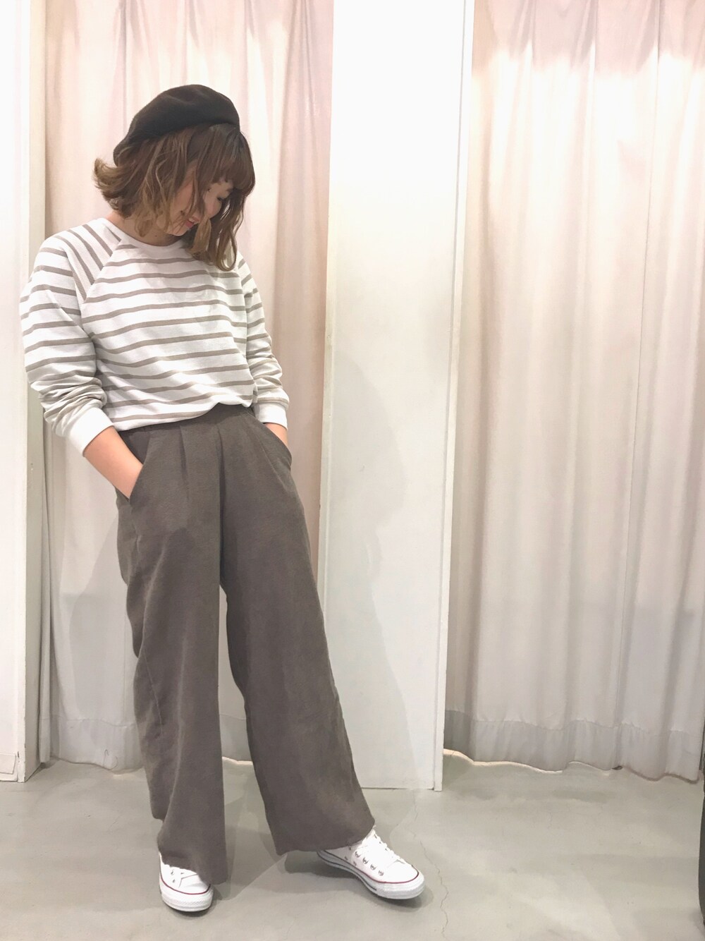 「イーハイフンワールドギャラリー(E hyphen world gallery)」｜「E hyphen world galleryのワッフルボーダーPTプルオーバー（Tシャツ/カットソー、ベージュ系）」を使った、miku.さん（レディース・163cm）の春コーディネートの1枚目の写真