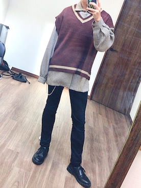 「EDWIN（エドウィン）のEDWIN/E STANDARD Japan Exclusive（デニムパンツ、ブラック系）」を使った、ゆいとさん（メンズ・170cm）の冬コーディネート