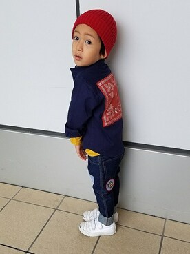 「アイテム（デニムパンツ）」を使った、アンパンマンキッズコレクションさん（キッズ・105cm）の秋コーディネート