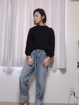 「UNIQLO（ユニクロ）のハイライズワイドストレートジーンズ（デニムパンツ）」を使った、EHanaさん（レディース・165cm）の秋コーディネート