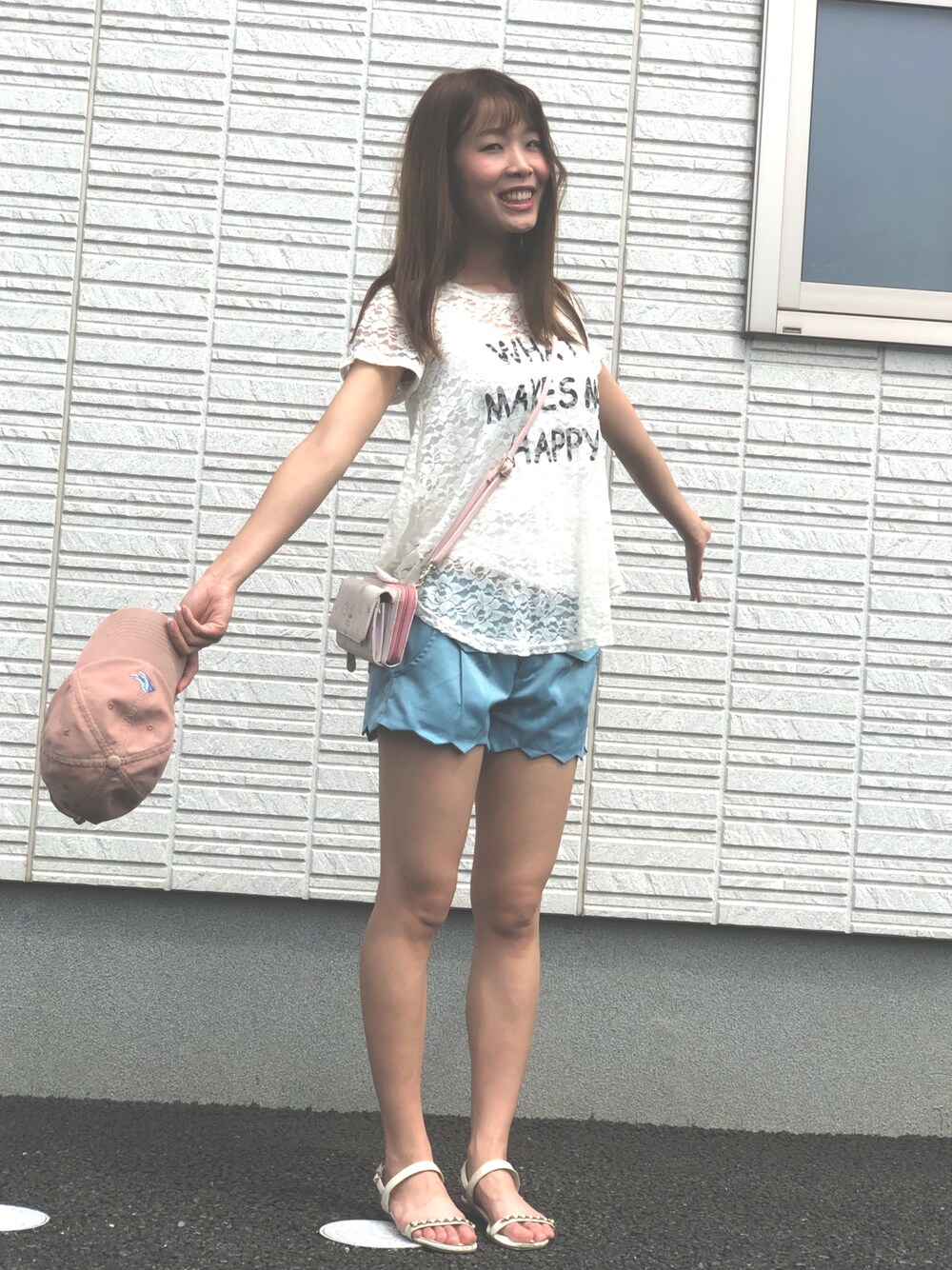 「夏、サンダル、シンプル」｜「CONVERSEの【CONVERS】ALLSTER HI-W CORDUROY LOW CAP  / 【コンバース】（キャップ、ピンク系）」を使った、ぺいさん（レディース・163cm）の夏コーディネートの1枚目の写真