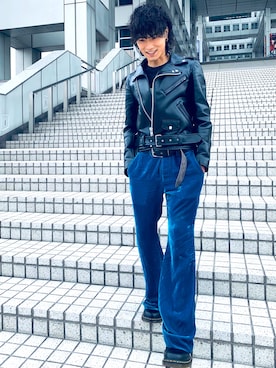 「ベロア」｜「アイテム（ライダースジャケット）」を使った、てった.さん（メンズ・170cm）の冬コーディネート