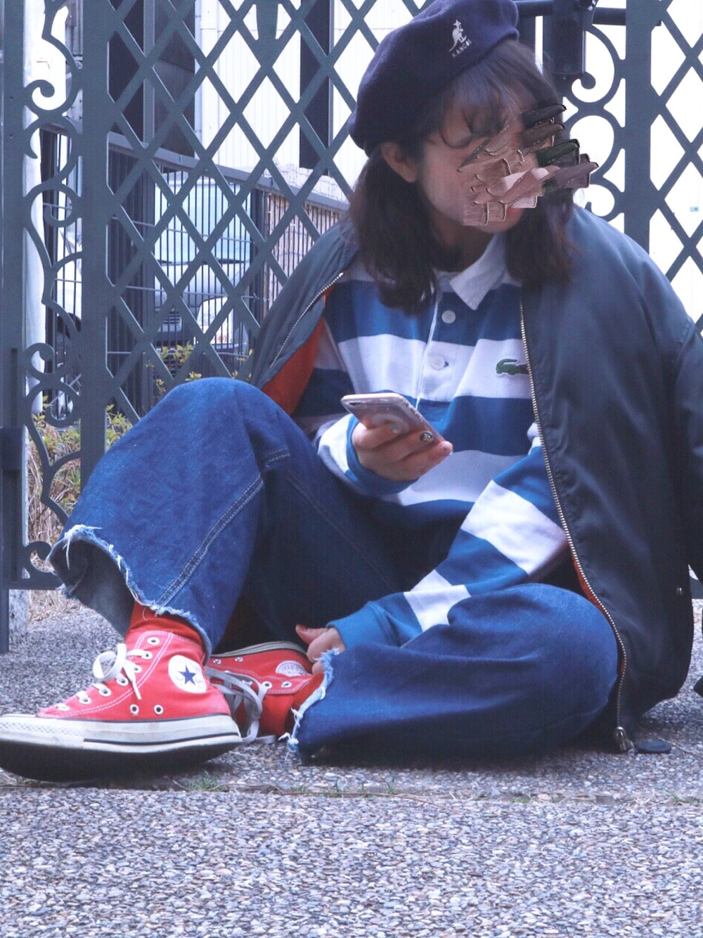 「ラコステ、ラガーシャツ、メンズライク、converse、ハンチング、ハンチング逆被り、ハイカットスニーカー、古着、ootd」｜「LACOSTEのアイテム（ポロシャツ、ブルー系）」を使った、おこめさん（レディース・154cm）の冬コーディネートの1枚目の写真
