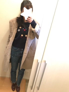 「select MOCA（セレクトモカ）の【GISELe4月号掲載】【GISELe12月号掲載】センタープレスストレートヘムラインカットオフダメージ加工デニム（デニムパンツ）」を使った、KaNaさん（レディース・157cm）の冬コーディネート