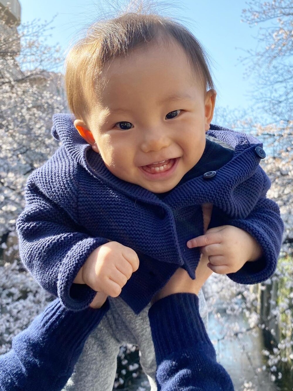 「キッズファッション、1歳、桜、ベビーコーデ、ベビー、男の子、男の子コーデ」｜「babyGAPのアイテム（カーディガン/ボレロ、ブルー系）」を使った、tao2020さん（キッズ・80cm）の夏コーディネートの1枚目の写真