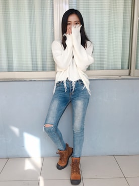 「school」｜「アイテム（ブーツ）」を使った、Hsinさん（レディース・155cm）の冬コーディネート