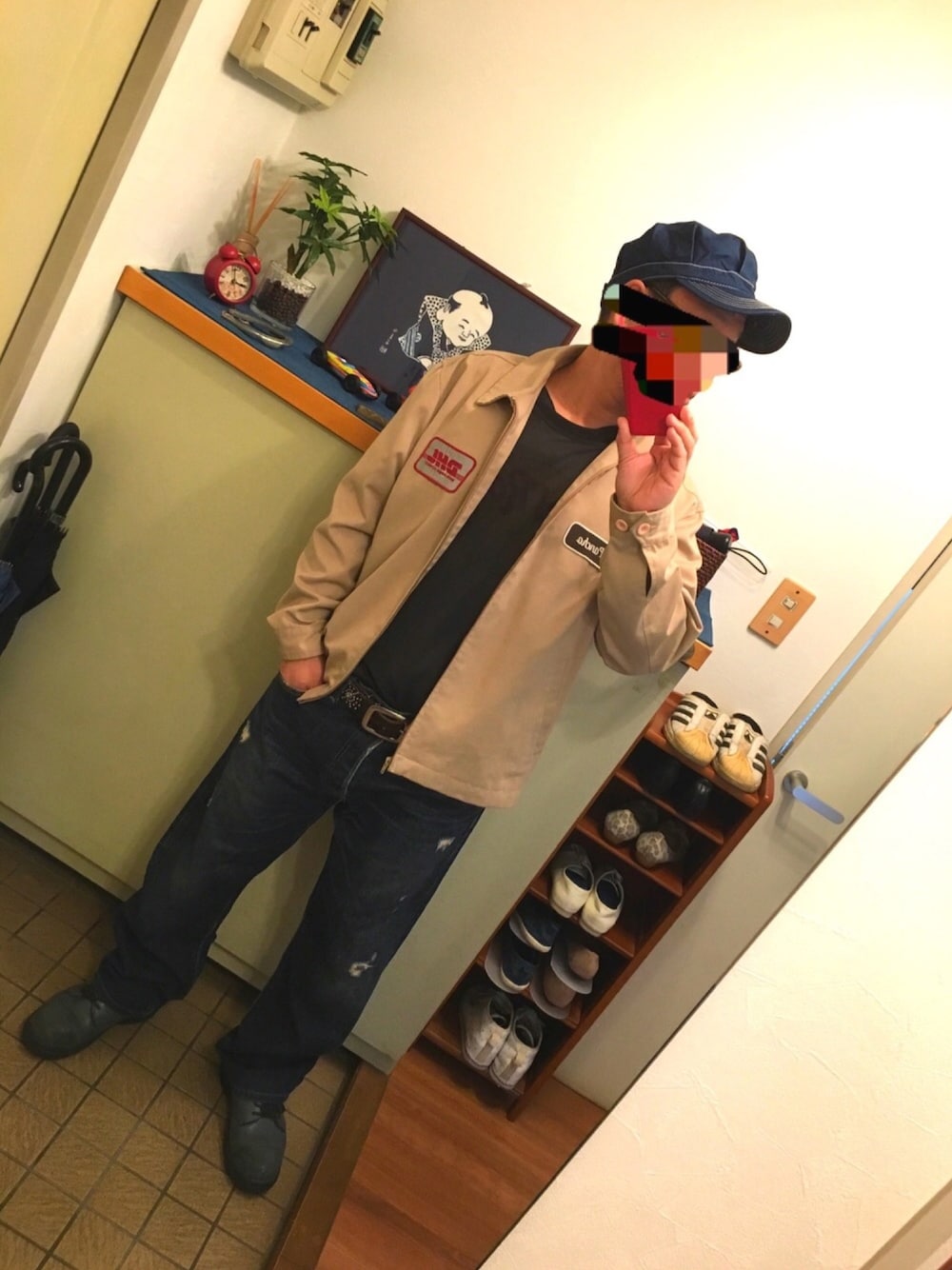 「春コーデ、ワーク、ootd、used、古着、デニム、street、休日スタイル、カジュアルコーデ、ワッペン」｜「usedのアイテム（ジャケット/アウター、ベージュ系）」を使った、中学６年生さん（メンズ・170cm）の春コーディネートの1枚目の写真