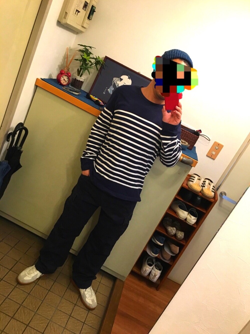「カジュアルコーデ、used、古着、ニット帽、大人カジュアル、マリン、ボーダー、ミリタリー、ジャーマントレーナー、ootd」｜「usedのアイテム（カーゴパンツ、ブルー系）」を使った、中学６年生さん（メンズ・170cm）の春コーディネートの1枚目の写真
