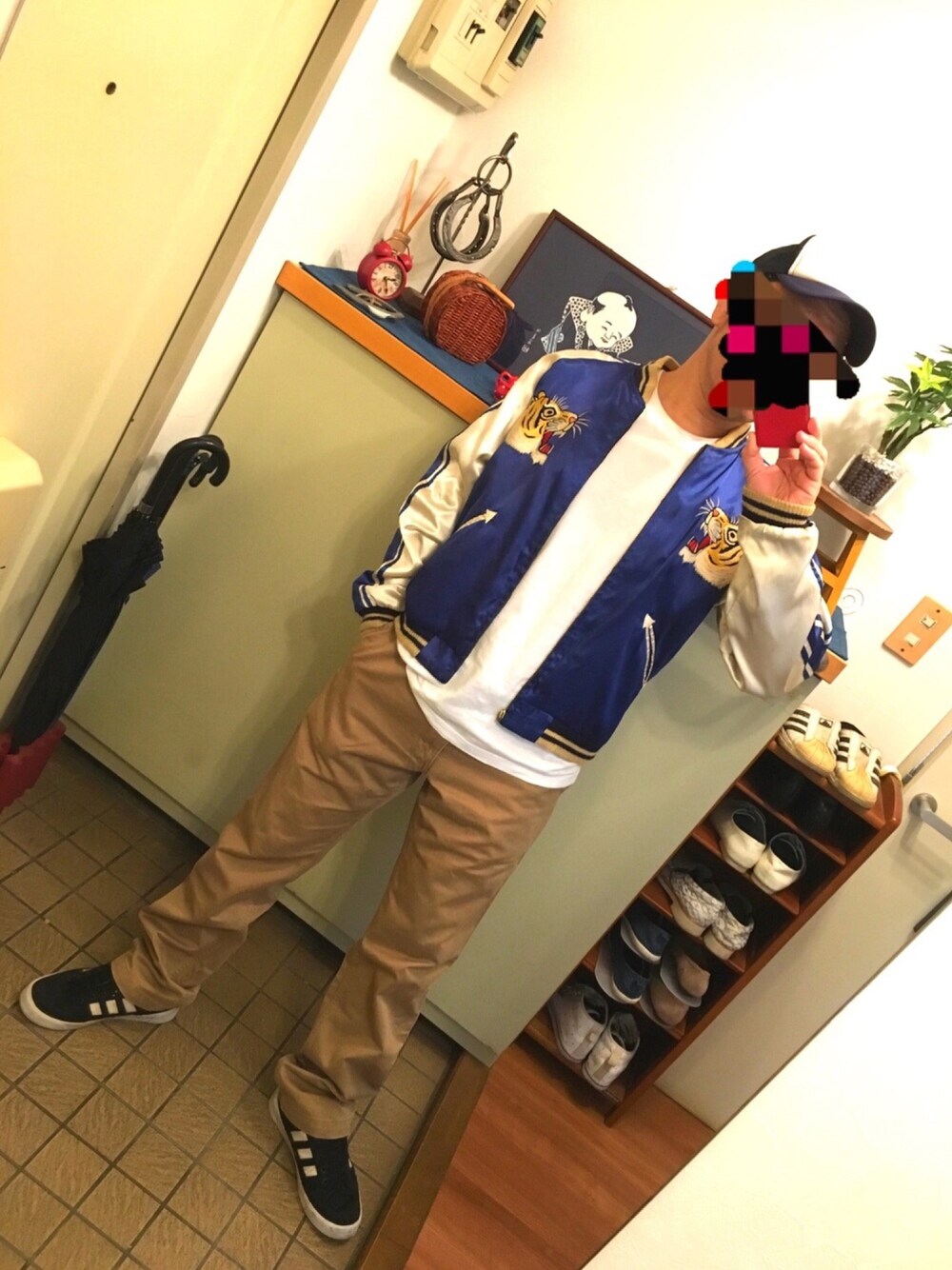 「春、はるコーデ、古着、used、スカジャン、street、ミリタリー、大人カジュアル、ootd、チノパン」｜「TAILOR TOYOのアイテム（ジャケット/アウター、ブルー系）」を使った、中学６年生さん（メンズ・170cm）の春コーディネートの1枚目の写真